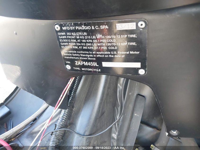 2012 VESPA GTS 300 SUPER ZAPM459L8C5702962