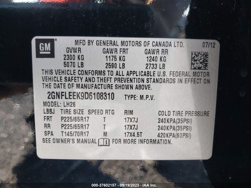 2013 CHEVROLET EQUINOX LT - 2GNFLEEK9D6108310