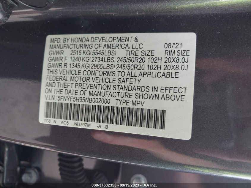 2022 HONDA PILOT TOURING - 5FNYF5H95NB002000