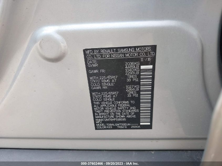 2017 NISSAN ROGUE SV - KNMAT2MT6HP518595
