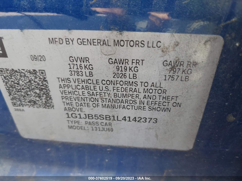 VIN 1G1JB5SB1L4142373 2020 CHEVROLET SONIC LS