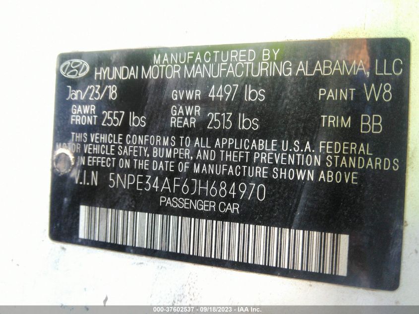 VIN 5NPE34AF6JH684970 2018 HYUNDAI SONATA SPORT/LIMITED/SEL