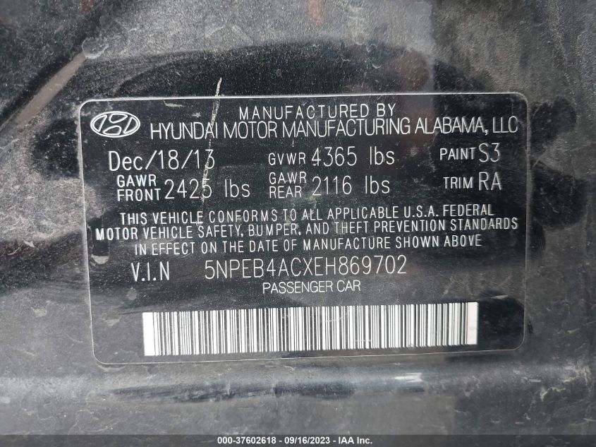 2014 HYUNDAI SONATA GLS - 5NPEB4ACXEH869702