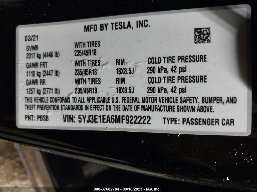 2021 TESLA MODEL 3 STANDARD RANGE PLUS - 5YJ3E1EA6MF922222