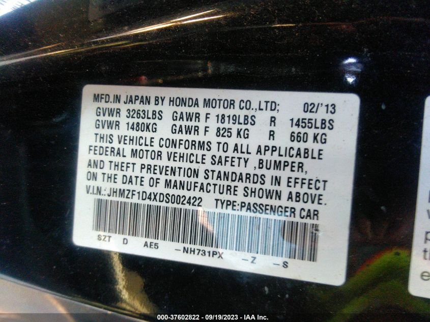 2013 HONDA CR-Z JHMZF1D4XDS002422