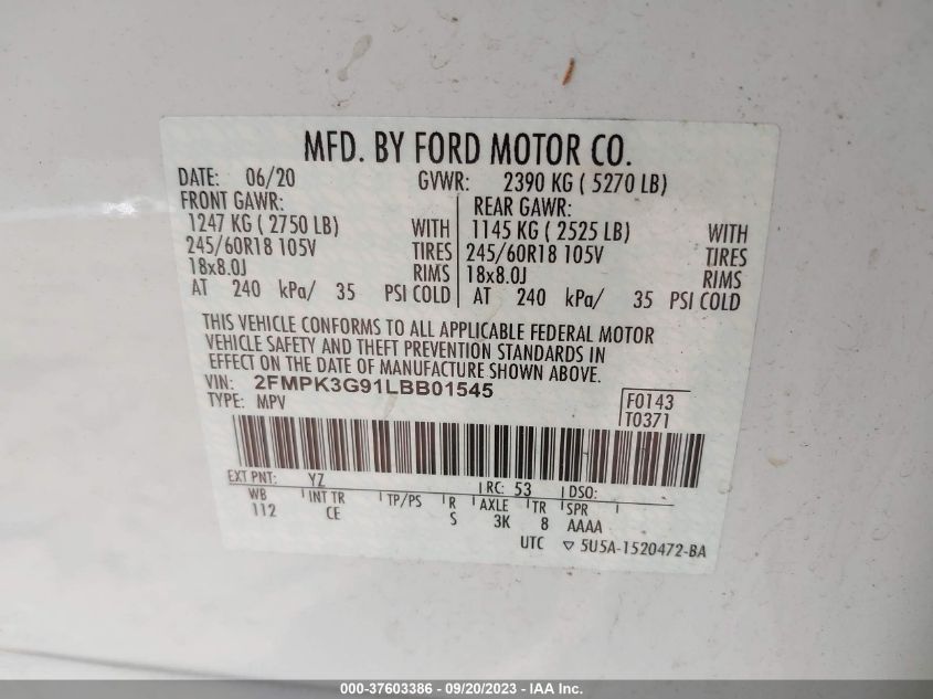 2FMPK3G91LBB01545 2020 FORD EDGE, photo no. 9