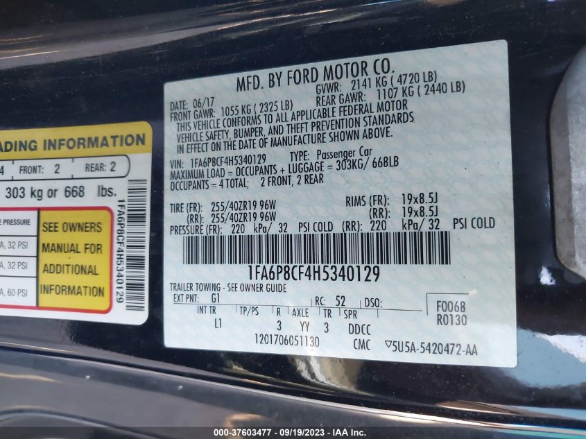 2017 FORD MUSTANG GT - 1FA6P8CF4H5340129