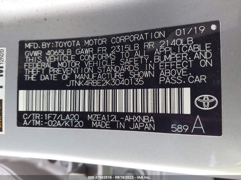 2019 TOYOTA COROLLA HATCHBACK SE/XSE JTNK4RBE2K3040135