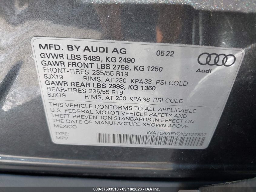 WA15AAFY0N2127892 Audi Q5 S LINE PREMIUM PLUS 9