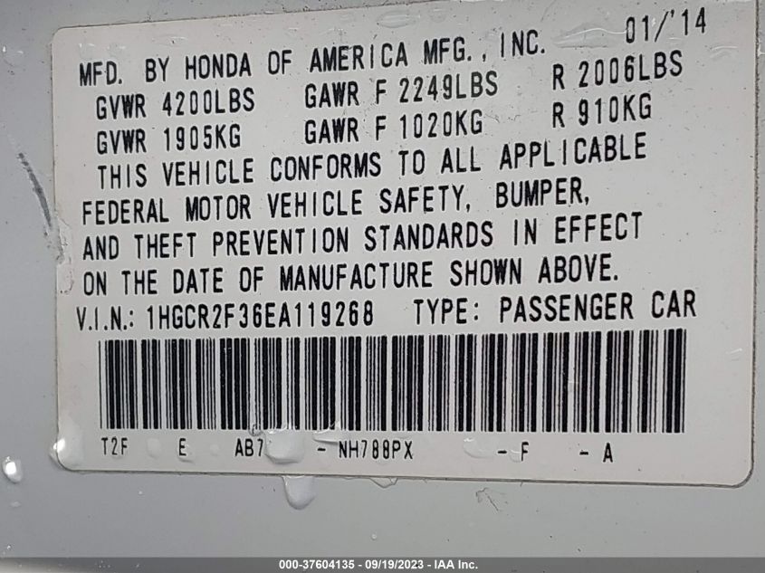 2014 HONDA ACCORD SEDAN LX - 1HGCR2F36EA119268