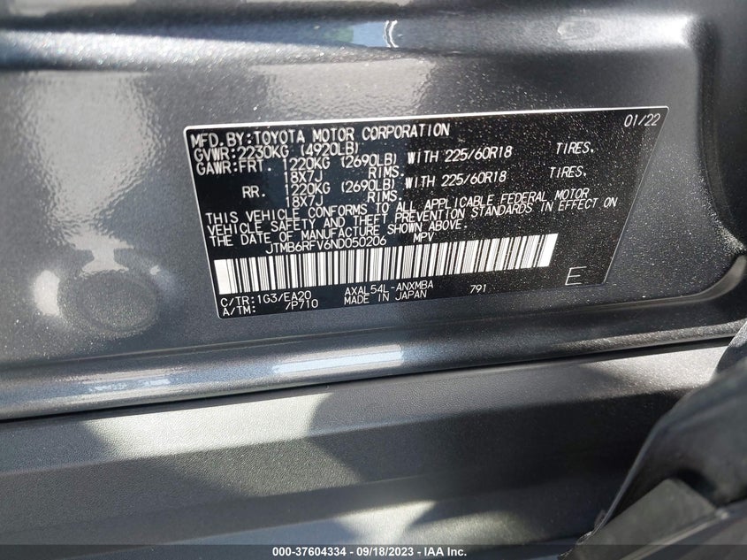 VIN JTMB6RFV6ND050206 2022 TOYOTA RAV4 XLE PREMIUM