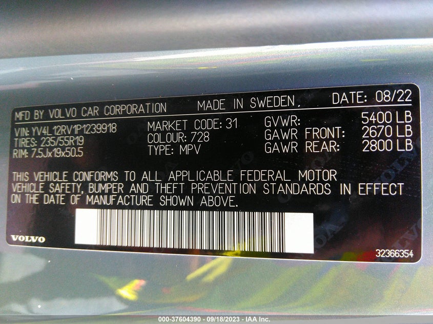 VIN YV4L12RV1P1239918 2023 VOLVO XC60 CORE