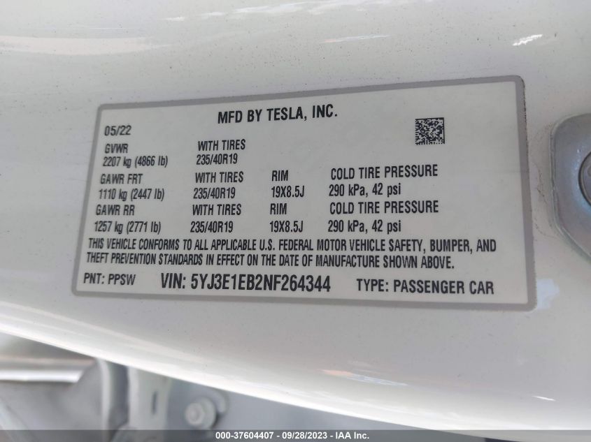 2022 TESLA MODEL 3 - 5YJ3EAEB2NF264344