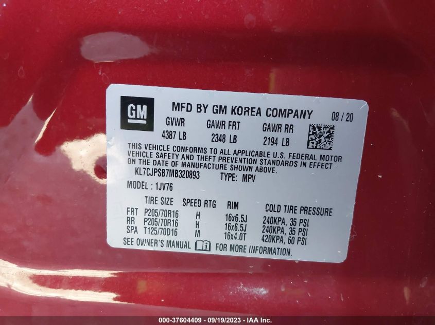 2021 CHEVROLET TRAX 1LT - KL7CJPSB7MB320893