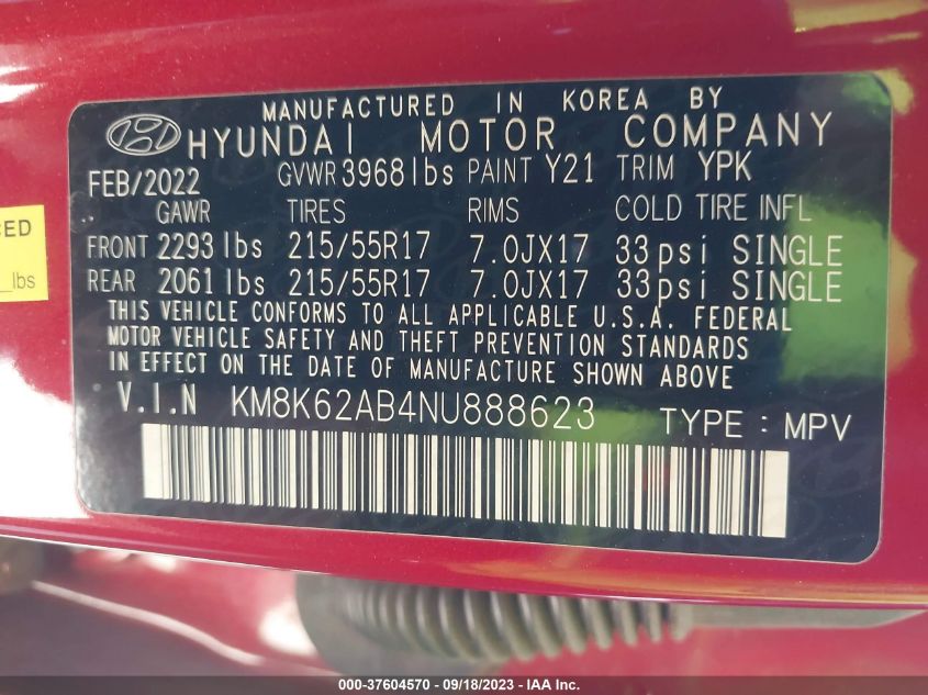 2022 HYUNDAI KONA SEL - KM8K62AB4NU888623