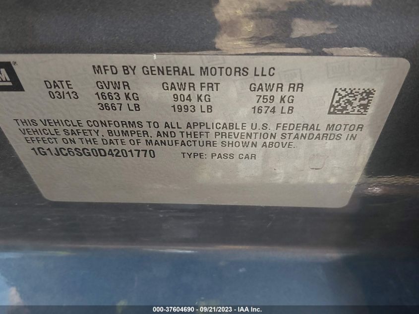 2013 CHEVROLET SONIC LT - 1G1JC6SG0D4201770