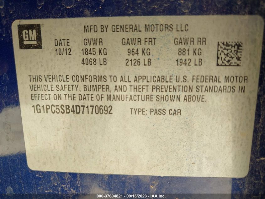 2013 CHEVROLET CRUZE 1LT - 1G1PC5SB4D7170692