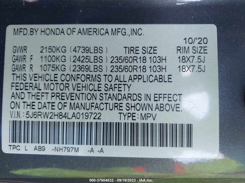 VIN 5J6RW2H84LA019722 2020 HONDA CR-V EXL