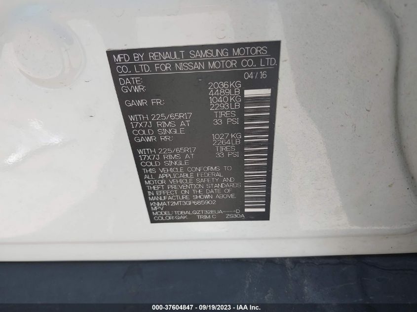 2016 NISSAN ROGUE SV - KNMAT2MT3GP685902