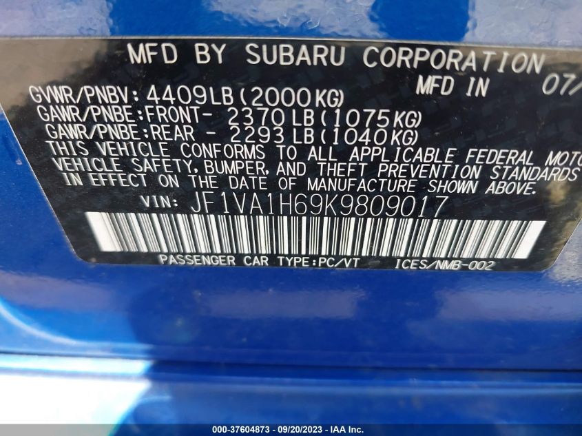 JF1VA1H69K9809017 2019 SUBARU WRX LIMITEDphoto 9