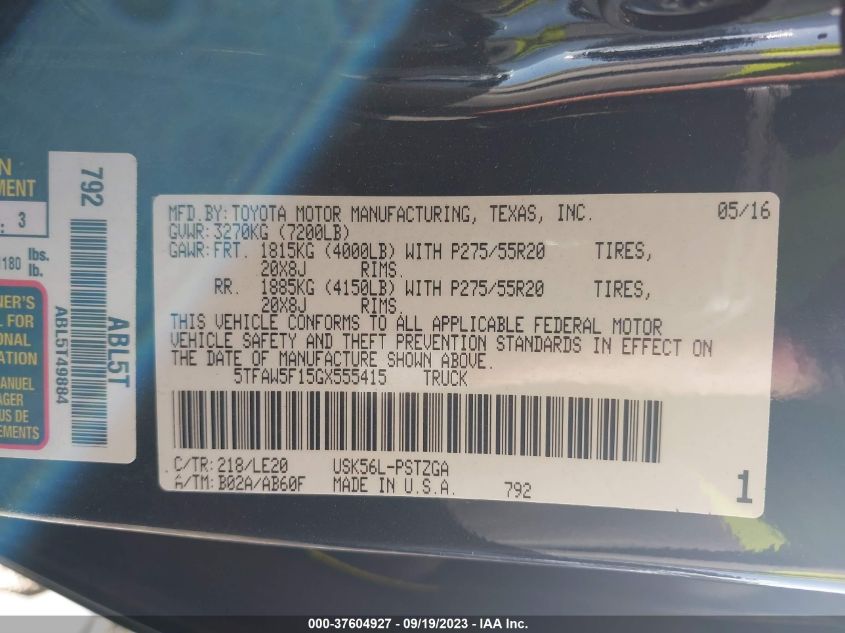 2016 TOYOTA TUNDRA PLATINUM 5.7L V8 5TFAW5F15GX555415