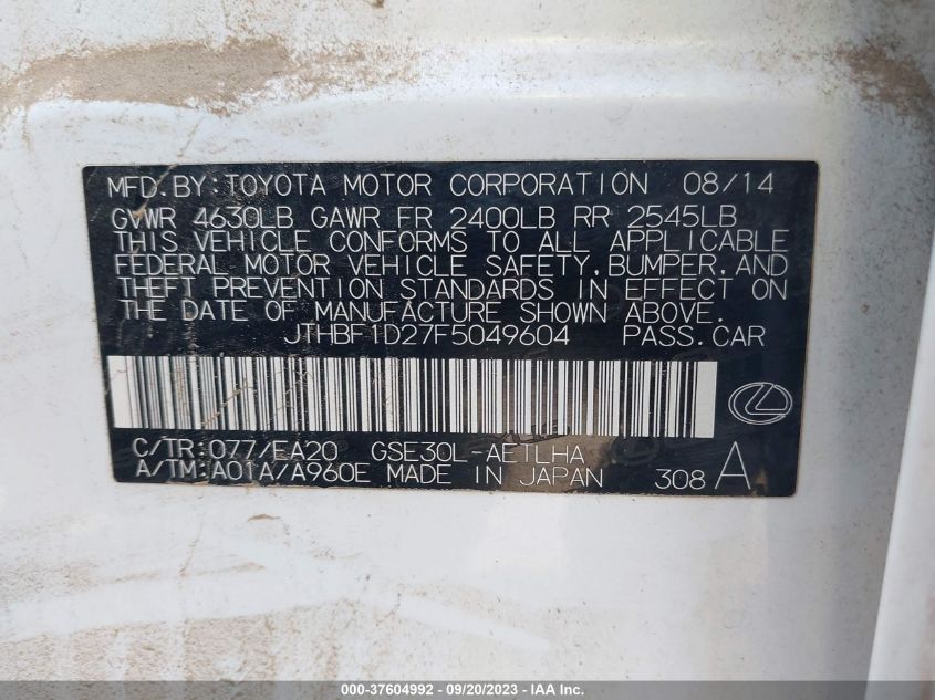 2015 LEXUS IS 250 JTHBF1D27F5049604