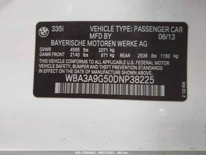 2013 BMW 3 SERIES 335I - WBA3A9G50DNP38225