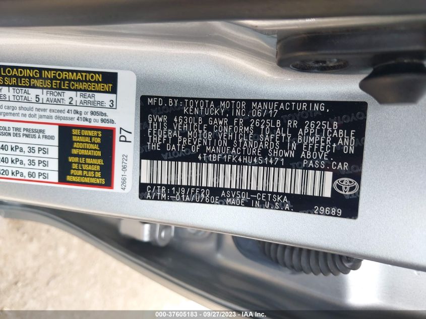 2017 TOYOTA CAMRY LE/XLE/SE/XSE - 4T1BF1FK4HU451471