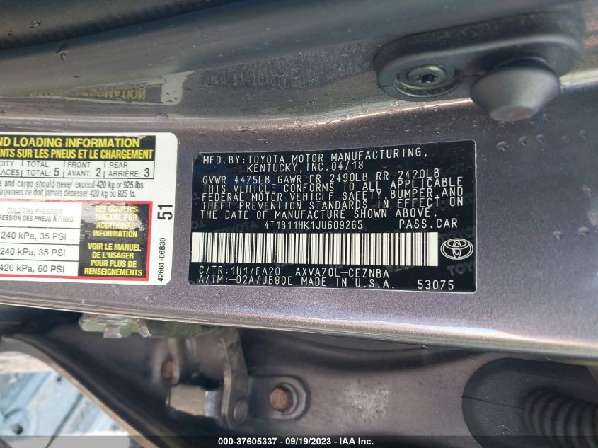 2018 TOYOTA CAMRY LE/SE/XLE/L - 4T1B11HK1JU609265