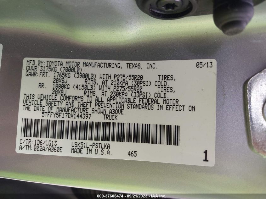 2013 TOYOTA TUNDRA 2WD TRUCK LTD/PLATINUM 5TFFY5F17DX144397