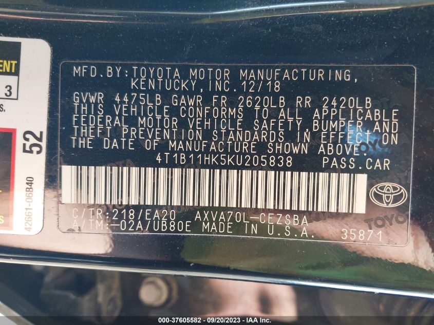 2019 TOYOTA CAMRY LE/SE/XLE/L - 4T1B11HK5KU205838