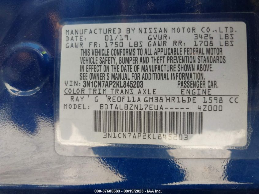2019 NISSAN VERSA SEDAN SV - 3N1CN7AP2KL845203