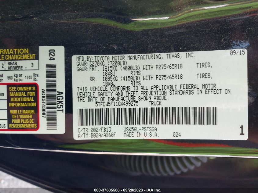2016 TOYOTA TUNDRA 4WD TRUCK SR5/TRD PRO - 5TFDW5F11GX499275