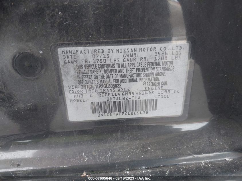 2016 NISSAN VERSA S/S PLUS/SV/SL - 3N1CN7AP2GL805632