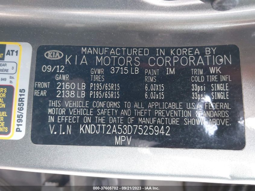 2013 KIA SOUL BASE - KNDJT2A53D7525942