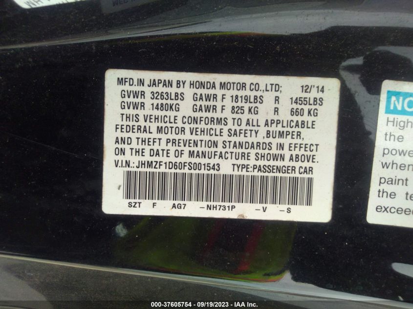 2015 HONDA CR-Z EX JHMZF1D60FS001543