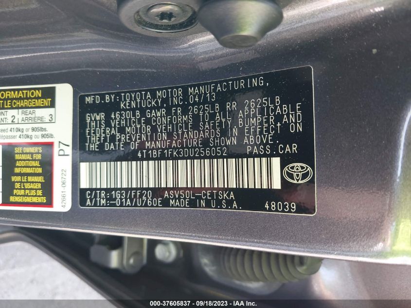 2013 TOYOTA CAMRY L/LE/SE/XLE - 4T1BF1FK3DU256052