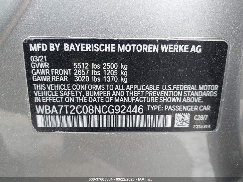 2022 BMW 7 SERIES 740I WBA7T2C08NCG92446
