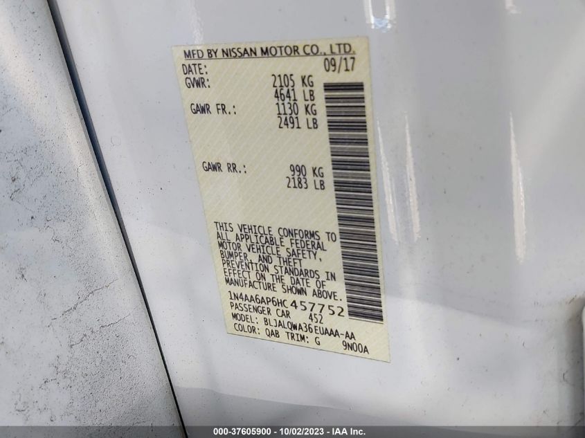 2017 NISSAN MAXIMA 3.5S/SV/SL/SR/PLAT - 1N4AA6AP6HC457752