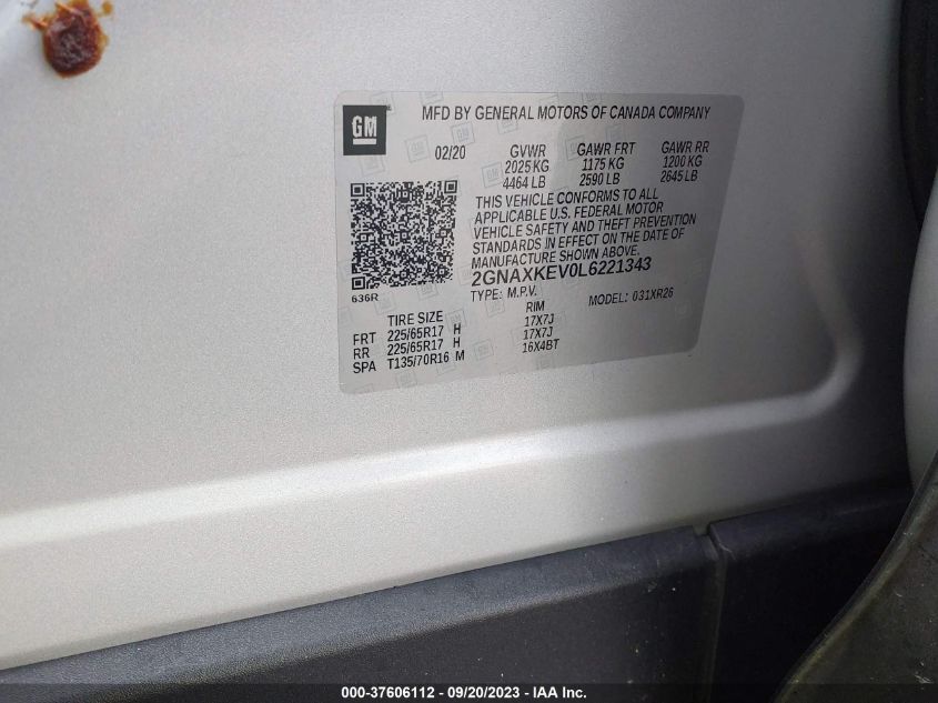2020 CHEVROLET EQUINOX LT - 2GNAXKEV0L6221343
