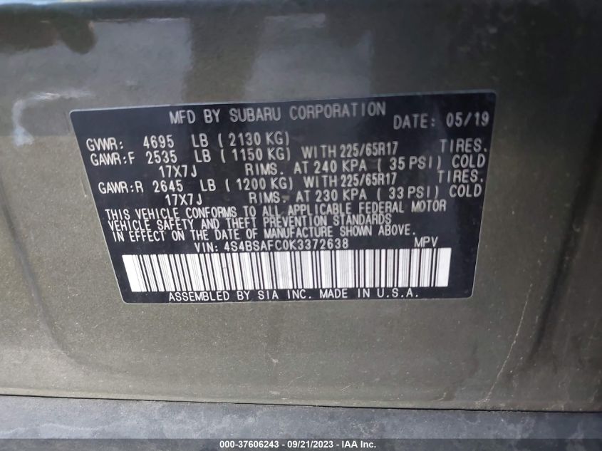 4S4BSAFC0K3372638 Subaru Outback PREMIUM 9