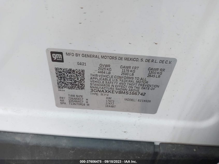 2021 CHEVROLET EQUINOX LT - 3GNAXKEV8MS166742