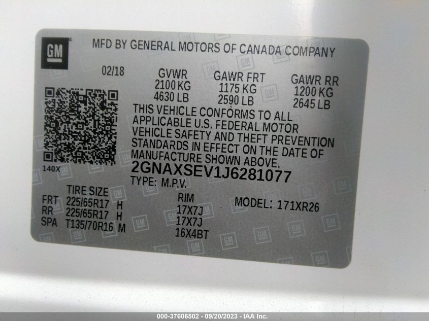 2018 CHEVROLET EQUINOX LT - 2GNAXSEV1J6281077