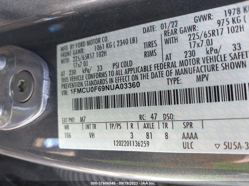 VIN 1FMCU0F69NUA03360 2022 FORD ESCAPE S