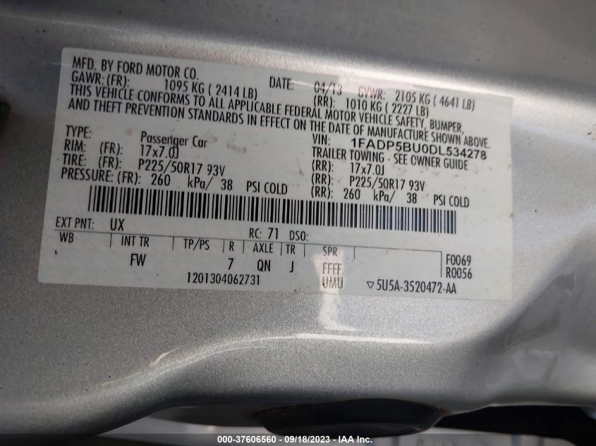 2013 FORD C-MAX HYBRID SEL - 1FADP5BU0DL534278