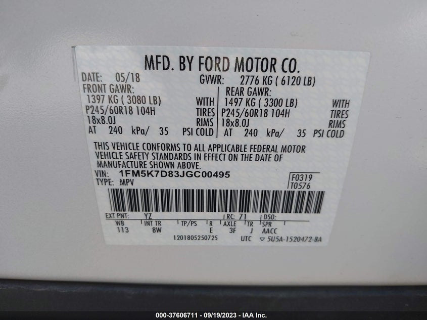 VIN 1FM5K7D83JGC00495 2018 FORD EXPLORER XLT