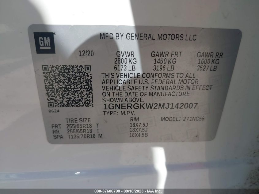 2021 CHEVROLET TRAVERSE LT CLOTH - 1GNERGKW2MJ142007