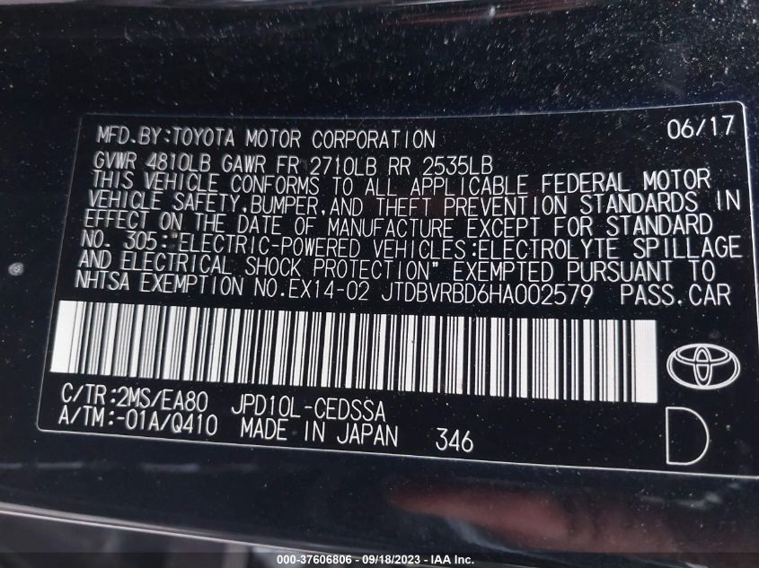 2017 TOYOTA MIRAI JTDBVRBD6HA002579