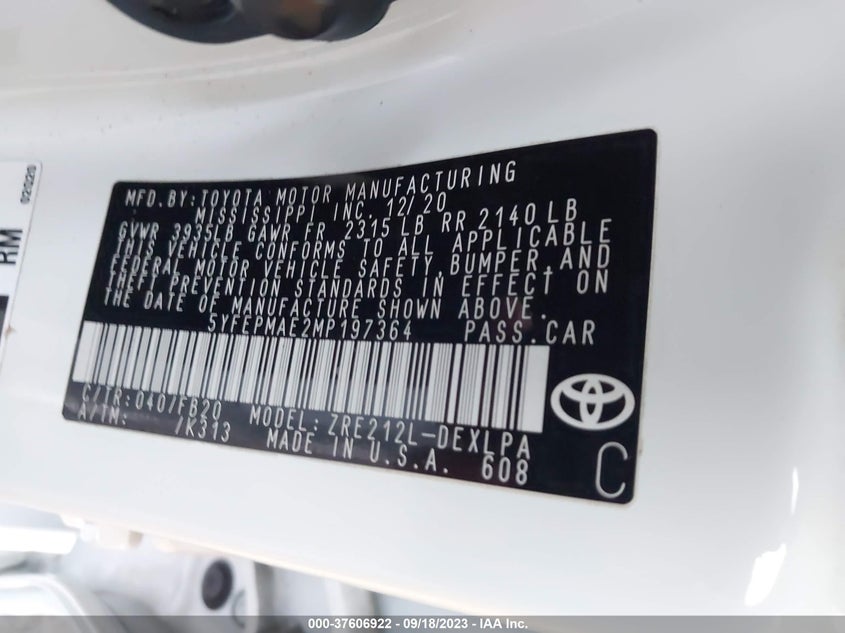VIN 5YFEPMAE2MP197364 2021 TOYOTA COROLLA LE