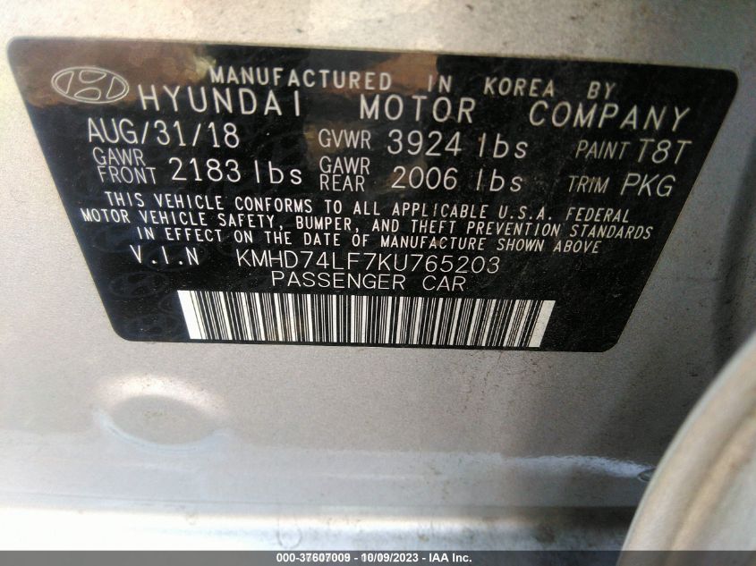 2019 HYUNDAI ELANTRA SE - KMHD74LF7KU765203